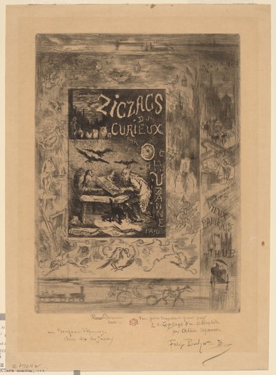 Etukappale elokuvalle "Zigzags of a Curious, Octave Uzanne" tekijältä Felix Hilaire Buhot