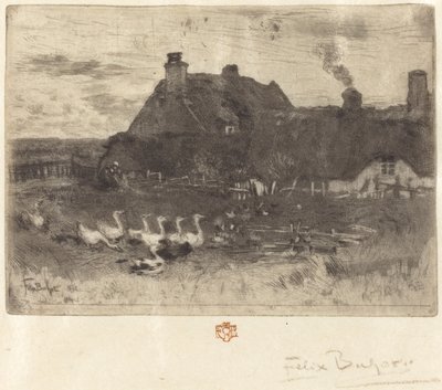 Les Petites Chaumières Olkikattoiset mökit - Pieni lautanen, 1878. tekijältä Felix Hilaire Buhot