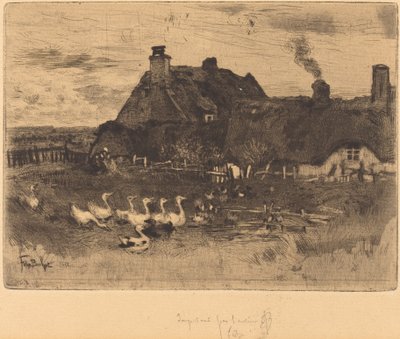 Les Petites Chaumières Olkikattoiset mökit - Pieni lautanen, 1878. tekijältä Felix Hilaire Buhot