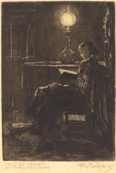 Nainen lukee lampun valossa, 1879. tekijältä Felix Hilaire Buhot