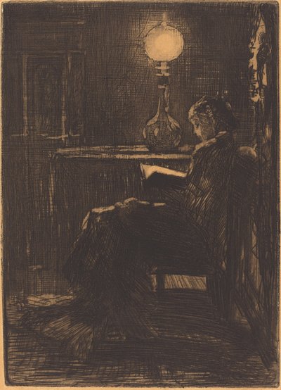 Nainen lukee lampun valossa, 1879. tekijältä Felix Hilaire Buhot