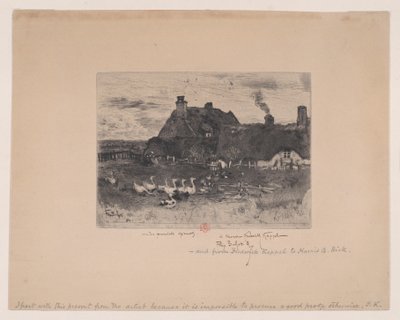 Pienet olkikattoiset mökit Les Petites Chaumières, 1878. tekijältä Felix Hilaire Buhot