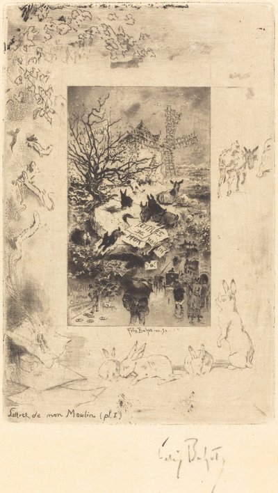Kirjeiden nimilehti Myllystä, c. 1885. tekijältä Felix Hilaire Buhot