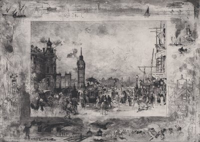 Westminster Bridge tai Westminster Clock Tower, 1860-98. tekijältä Felix Hilaire Buhot