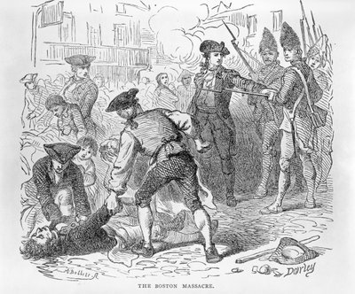 Bostonin verilöyly, 5. maaliskuuta 1770, kaiverrus A. Bollett tekijältä Felix Octavius Carr Darley