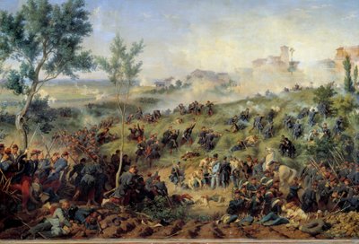 Näkymä Montebello di Casteggion taistelusta, 20.5.1859 Ranska voittaa Itävallan armeijan. Henri-Felix-Emmanuel Philippoteaux