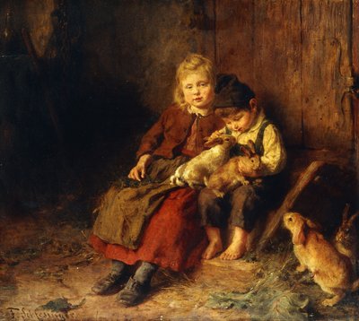 Kaksi lasta leikkimässä kanien kanssa, tekijältä Felix Schlesinger