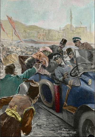 Itävallan arkkiherttua Franz Ferdinandin (1863-1914) ja hänen vaimonsa Sophien salamurha Sarajevossa (kaiverrus) tekijältä Felix Schwormstadt