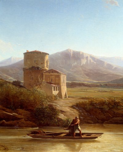 Kalastaja Tiberin rannalla Italiassa Yksityiskohta. Felix Thomasin (1815-1875) maalaus 1864 Nantes, Musee des Beaux Arts tekijältä Felix Thomas