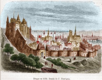 Dieppen kaupunki linnaineen (Seine Maritime) (76) Normandiassa vuonna 1489. tekijältä Felix Thorigny