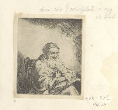 Vanha mies, jolla on apilanlehti takissaan Recueil de quatre-vingt-cinq estampes originales (sarjan nimi) tekijältä Ferdinand Bol (attributed to)