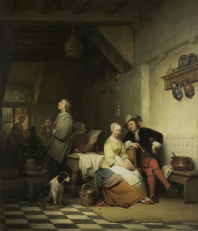 Majatalon sisustus, hahmoja 1700-luvun asussa tekijältä Ferdinand De Braekeleer (I)