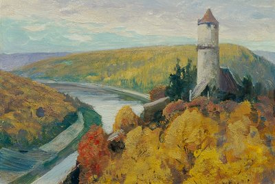Vltava (salkusta "16 näkymää tšekkiläisistä maisemista "Česka Krajiná") tekijältä Ferdinand Engelmuller