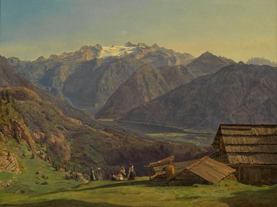 Näkymä Dachstein-vuorelle ja Hallstätterjärvelle Hütteneckalpe-vuorelta Ischlin läheltä tekijältä Ferdinand Georg Waldmüller