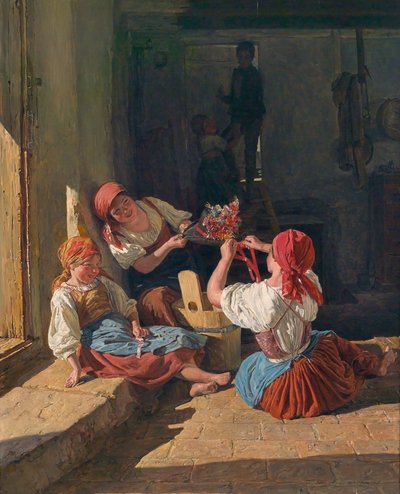 Lapset koristelemassa varusmiehen hattua. Maalaus Ferdinand Georg Waldmuller (1793-1865), öljy puulle tekijältä Ferdinand Georg Waldmuller