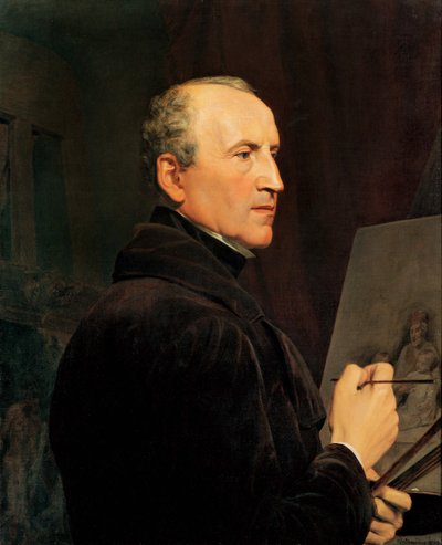 Omakuva maalaustelineen edessä tekijältä Ferdinand Georg Waldmuller