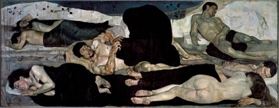 Yöllä Ryhmä alastomia nukkujia, yksi heistä keskellä painajaista tekijältä Ferdinand Hodler