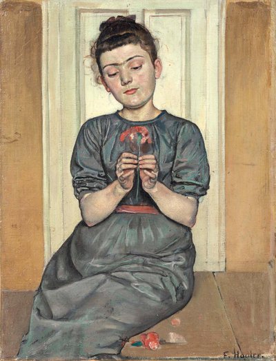 Tyttö asettelemassa kukkia Tyttö neilikka, c. 1886 tekijältä Ferdinand Hodler