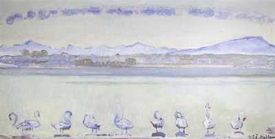 Yhdeksän joutsenta vuoristoisen maiseman edessä; Geneven satama, yhdeksän joutsenta Quai du Mont Blancilta, 1915 tekijältä Ferdinand Hodler