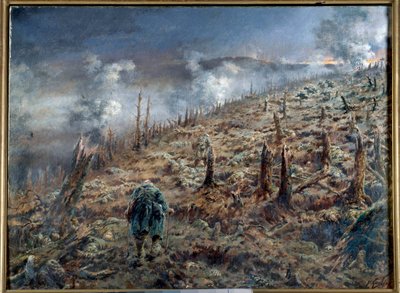 Ensimmäinen maailmansota (1914-1918): "Kuoleman rotko Verdunissa" Raunioiden ja tuhkan maisema taistelun jälkeen. Ferdinand Joseph Gueldryn (1858-1945) maalaus 1916 Pariisi. Kahden maailmansodan museo tekijältä Ferdinand Joseph Gueldry