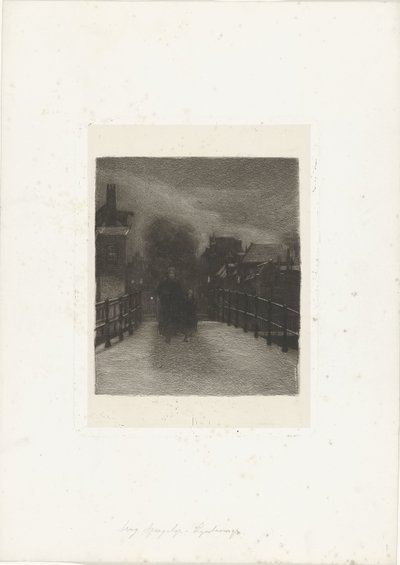 Vanha nainen lapsen kanssa sillalla Talvi-ilta (otsikko esineessä) tekijältä Ferdinand Oldewelt (signed by artist)