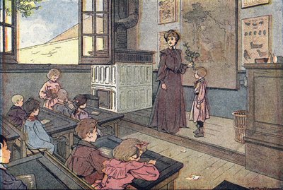 Luokassa, lapsuuden kuvakirjassa, n.1900 (kaiverrus) tekijältä Ferdinand Raffin