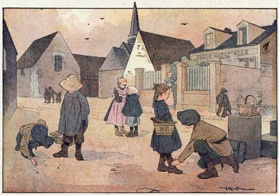 Koulun ulkopuolella, lapsuuden kuvakirjassa, n. 1900 (kaiverrus) tekijältä Ferdinand Raffin