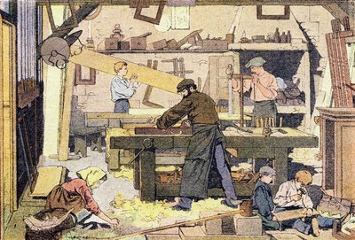 Puuseppä, lapsuuden kuvakirjassa, n. 1900 (kaiverrus) tekijältä Ferdinand Raffin