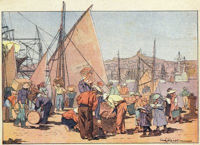 Satama, lapsuuden kuvakirjassa, n. 1900 (kaiverrus) tekijältä Ferdinand Raffin
