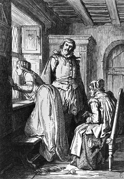 Klaerchen odottaa Egmontia, kuvitus Egmontille, tragedia Johann Wolfgang von Goethe (1749-1832), puupiirros Ferdinand Rothbartin (1823-1899) piirustuksen mukaan tekijältä Ferdinand Rothbart
