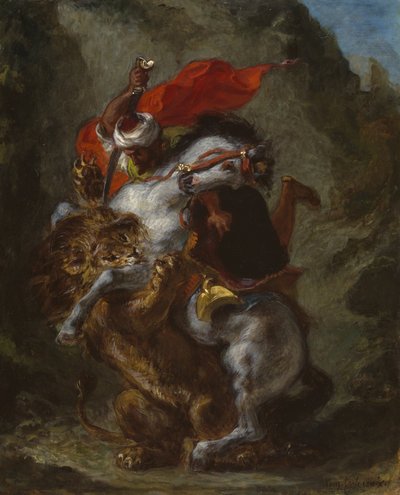 Leijona hyökkäsi arabiratsumiehen kimppuun, 1849-50 tekijältä Ferdinand Victor Eugene Delacroix