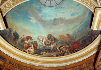 Attila (395-453) hunniheimon päällikkö, jonka jälkeen hänen barbaarilaumansa tungosivat Italiassa vuonna 452 Eugene Delacroixin (1798-1863) fresko koristamassa kansalliskokouksen kirjaston kupolia (Palais Bourbon) 1843 Pariisi tekijältä Ferdinand Victor Eugene Delacroix