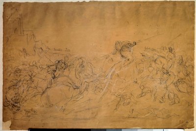 Taistelukohtaus Eugene Delacroixin (1798-1863) piirustus lohipaperille 1800-luvun aurinko. 0,30 x 0,45 m. Pariisi, Louvre-museo tekijältä Ferdinand Victor Eugene Delacroix