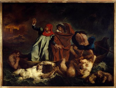 Dante ja Vergilius tai Danten Barque-kuvitus Canto VIII:lle "Jumalallinen komedia" (Divina Commedia), kirjoittanut Dante Alighieri (1265-1321) Eugene Delacroixin (1798-1863) maalaus 1822 Su. 1,89 x 2,41 m Pariisi. Louvren taidemuseo tekijältä Ferdinand Victor Eugene Delacroix