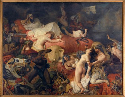 Sardanapalen kuolema. Sardanapale, Assyrian kuninkaan piiritys kapinoiden toimesta, teurastettiin vaimoineen ja hevosineen ennen kuin tappoi itsensä. Eugene Delacroix (1798-1863) maalaus tekijältä Ferdinand Victor Eugene Delacroix