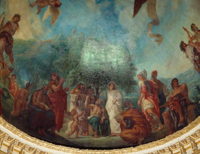 Laskeutuminen Limbesille: maineikkaiden ryhmä: vasemmalta oikealle, Demosthene (istuu), Xenophon, Platon ja Sokrates, Aspasie (valkoinen), Apelle, Aleksanteri Suuri, Aristoteles ja Akhilleus istuvat. Eugene Delacroixin (1798-1863) maalaus kupolia koristama tekijältä Ferdinand Victor Eugene Delacroix
