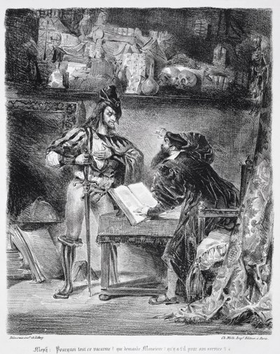 Faustin ja Mefistofeleen ensimmäinen tapaaminen: "Miksi kaikki tämä melu", Goethen Faustista, 1828, (kuva) (bw-valokuva litografiasta) tekijältä Ferdinand Victor Eugene Delacroix