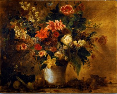 Kukkia ja hedelmiä Kukkakimppu gres-maljakossa. Eugene Delacroix