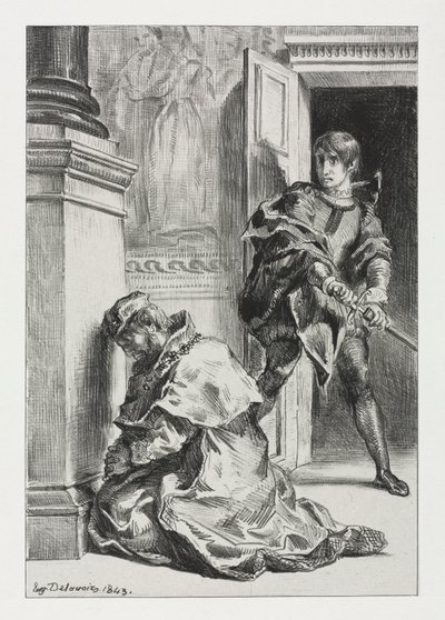 Hamlet: Hamlet yrittää tappaa kuningas, 1843. tekijältä Ferdinand Victor Eugene Delacroix