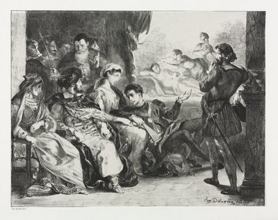 Hamlet: Hamlet käskee näyttelijöitä tekemään kohtauksen isänsä myrkytyksestä, 1834. tekijältä Ferdinand Victor Eugene Delacroix