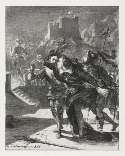 Hamlet: Hamlet ryntää seuraamaan isänsä haamua, 1835. tekijältä Ferdinand Victor Eugene Delacroix