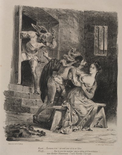 Kuvituksia Faustille: Faust Margueriten vankilassa, 1828. tekijältä Ferdinand Victor Eugene Delacroix