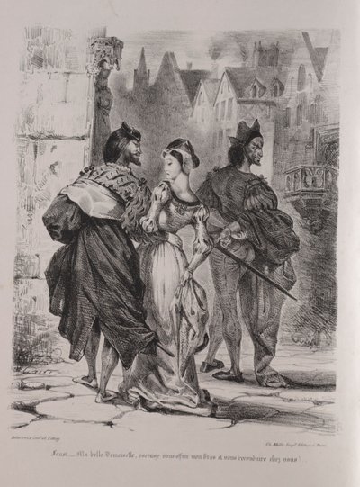 Kuvituksia Faustille: Faust pyrkii houkuttelemaan Margueriten, 1828. tekijältä Ferdinand Victor Eugene Delacroix