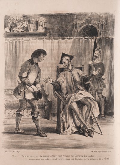 Kuvituksia Faustille: Méphistophélé vastaanottaa koulupojan, 1828. tekijältä Ferdinand Victor Eugene Delacroix