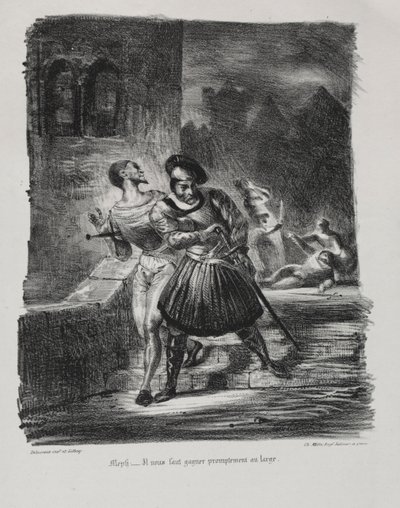 Kuvituksia Faustille: Mefistofeles ja Faust pakenevat kaksintaistelun jälkeen, 1828. tekijältä Ferdinand Victor Eugene Delacroix
