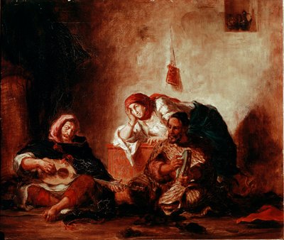 Orientalismi: "" Mogadorin juutalaiset muusikot, Marokko"" Eugene Delacroixin (1798-1863) maalaus 1800-luvun su. 046x0,55 m Pariisi, Musee du Louvre tekijältä Ferdinand Victor Eugene Delacroix