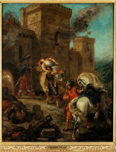 Temppeliritari sieppasi Rebeccan Frondeboeufin linnan ryöstön aikana - Temppeliritari raiskasi Rebeccan ... tekijältä Ferdinand Victor Eugene Delacroix