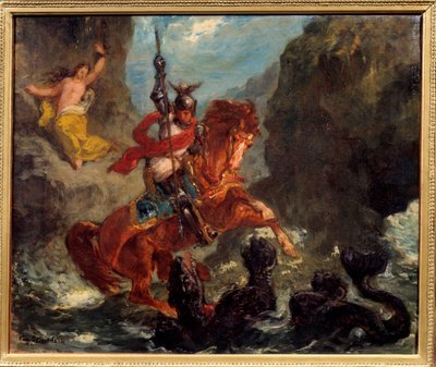 Merirosvojen hirviölle toimittaman Roger delivrant Angeliquen (Angelica) vapauttaa Roger (Ruggero, Ruggiero) ratsastaa hippogriffalla - Kuvitus "The Furious Roland" (Orlando Furioso) Ludovic Ariosto (Arioste) - maalaus Eugene Delacroix ( tekijältä Ferdinand Victor Eugene Delacroix