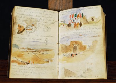 Luonnoksia arabeista, Marokon maisemia, arabijoukkoja, Meknesin portti ja käsin kirjoitettuja muistiinpanoja ... tekijältä Ferdinand Victor Eugene Delacroix