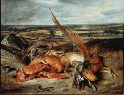 Asetelma hummerien ja metsästyksen ja kalastuksen palkintojen kanssa - öljy kankaalle tekijältä Ferdinand Victor Eugene Delacroix